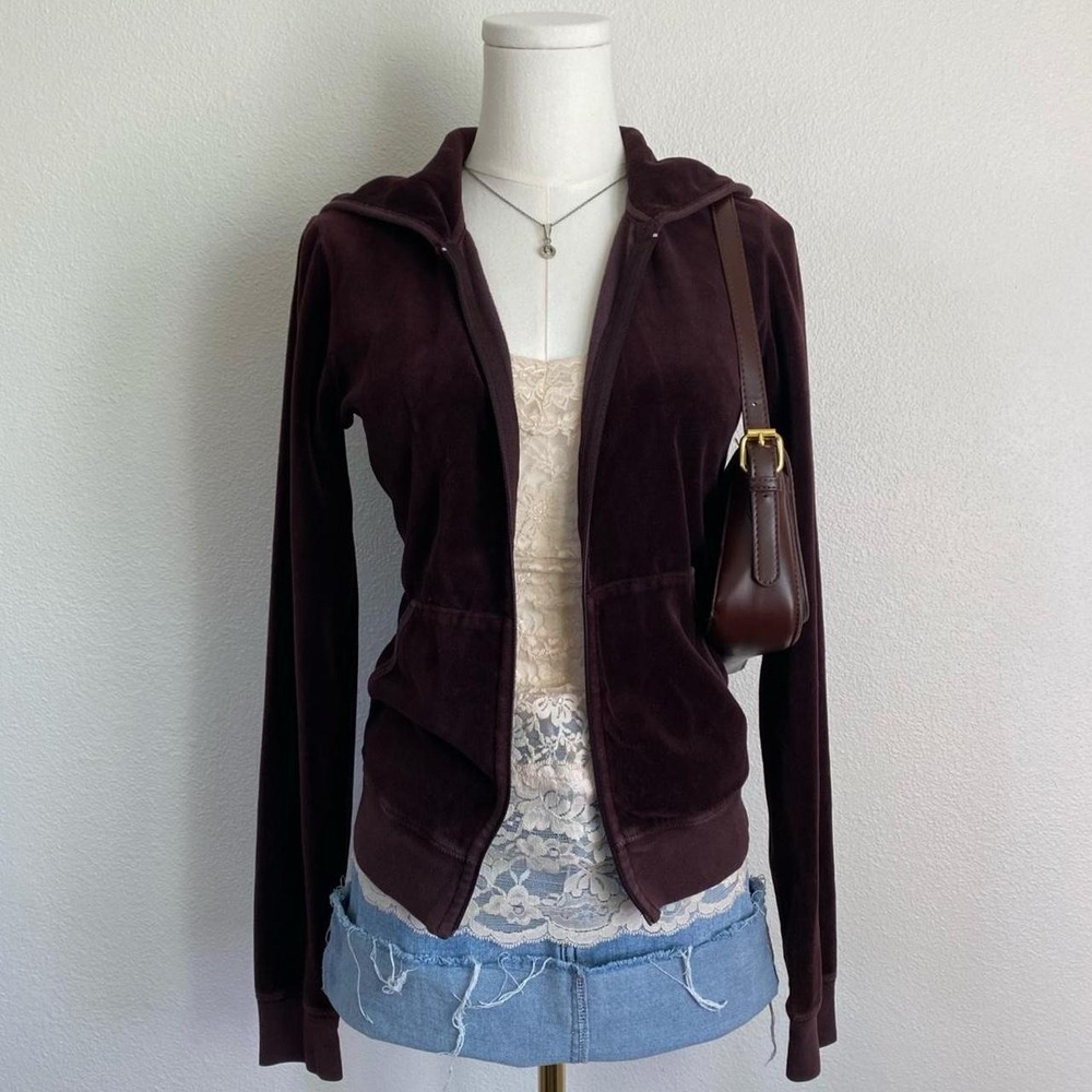 Vintage Y2K Juicy Couture Brown Velour Track Jacket Zip Hoodie